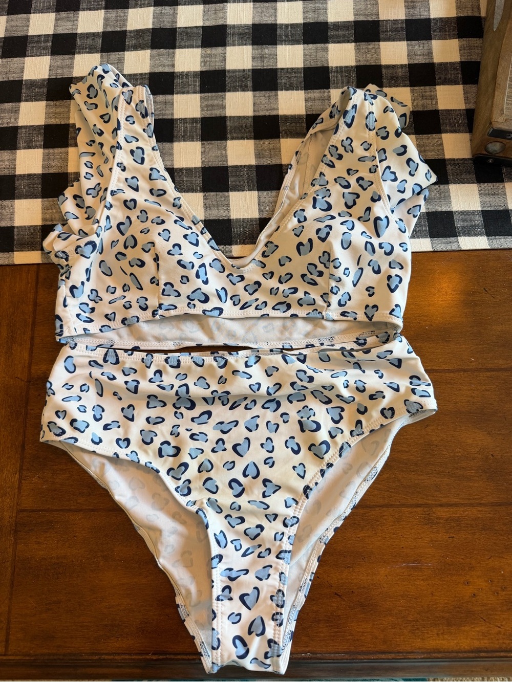 White Two-Piece Swimsuit with Blue Leopard Heart Print